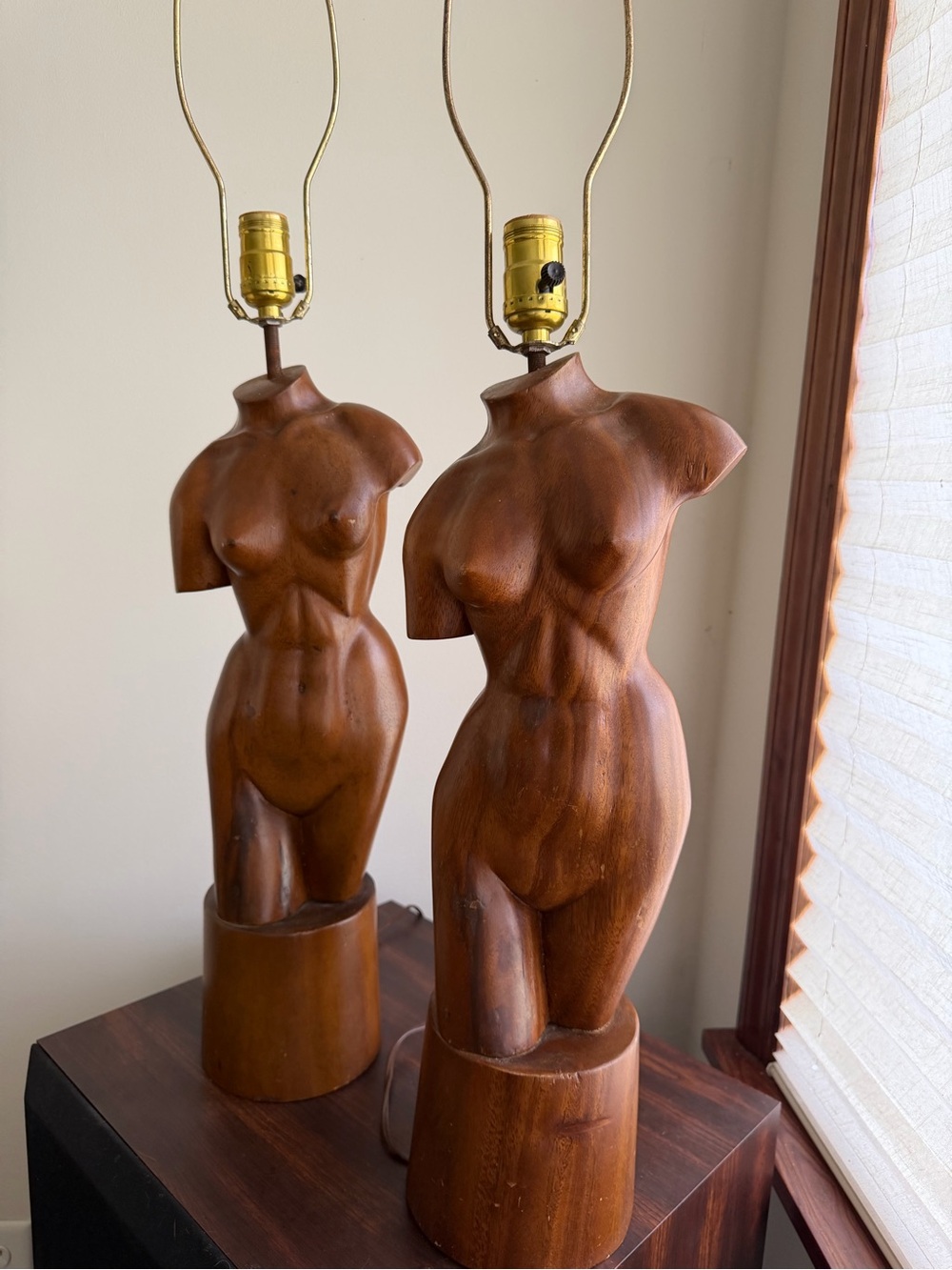 Hand-Carved Wooden Female Torso Table Lamp - Brown lovely lady lamps